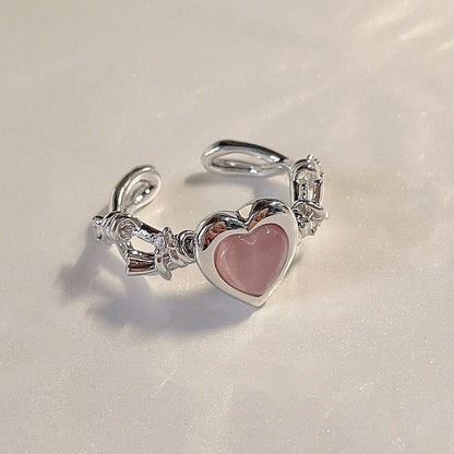 Wholesale Sweet Geometric Heart Shape Bow Knot Copper Plating Inlay Zircon Open Rings