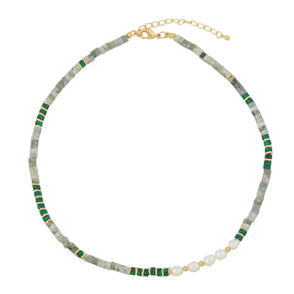 Retro Geometric Color Block Malachite Freshwater Pearl Copper Necklace In Bulk