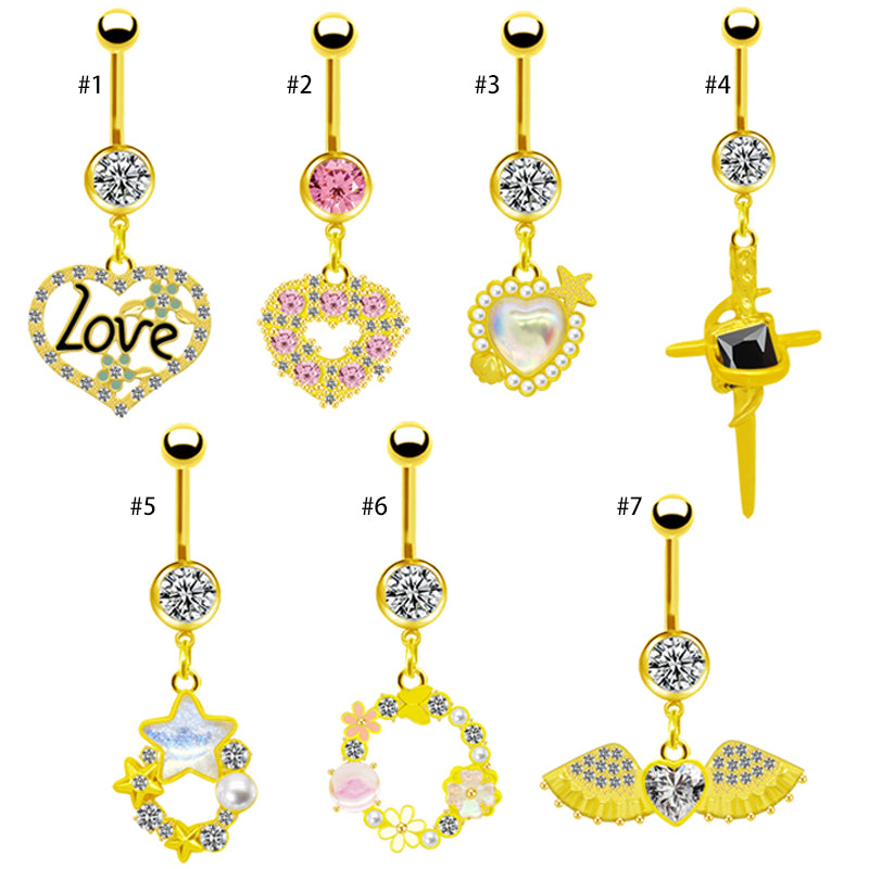 1 Piece Belly Rings Simple Style Shiny Star Heart Shape Wings Stainless Steel Alloy Copper Hollow Out Inlay Rhinestones Glass Zircon Gold Plated