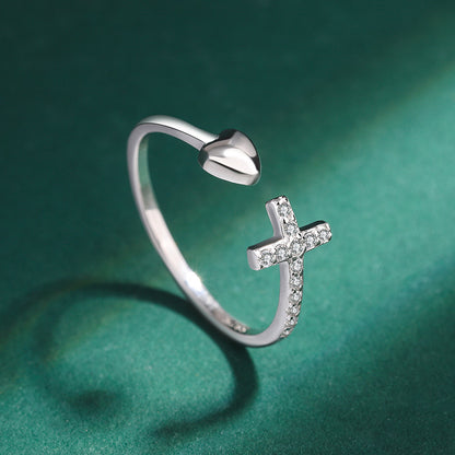 Sterling Silver Simple Style Cross Heart Shape Plating Inlay Zircon Open Rings