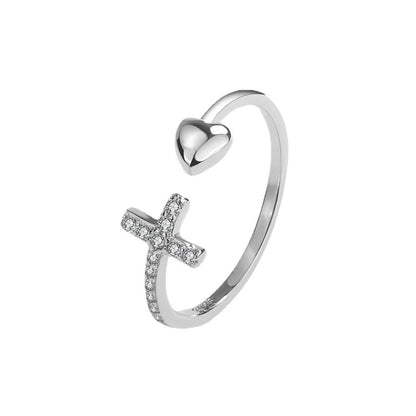 Sterling Silver Simple Style Cross Heart Shape Plating Inlay Zircon Open Rings