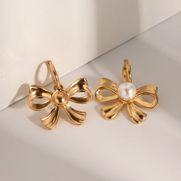 1 Pair IG Style Bow Knot Inlay Stainless Steel Artificial Pearls 18K Gold Plated Drop Earrings