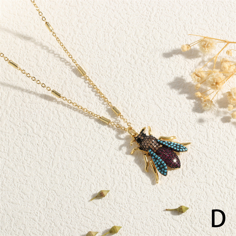 Copper 18K Gold Plated IG Style Insect Beetles Dragonfly Inlay Stone Zircon Pendant Necklace