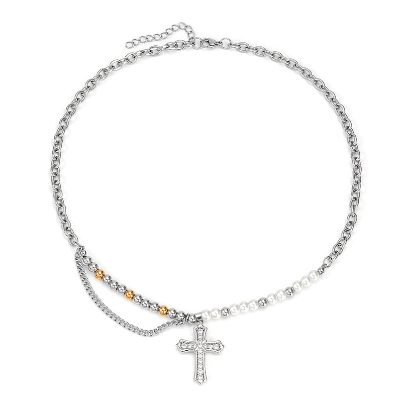 Stainless Steel Casual Hip-Hop Cross Beaded Pearl Inlay Zircon Pendant Necklace