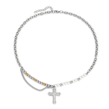 Stainless Steel Casual Hip-Hop Cross Beaded Pearl Inlay Zircon Pendant Necklace