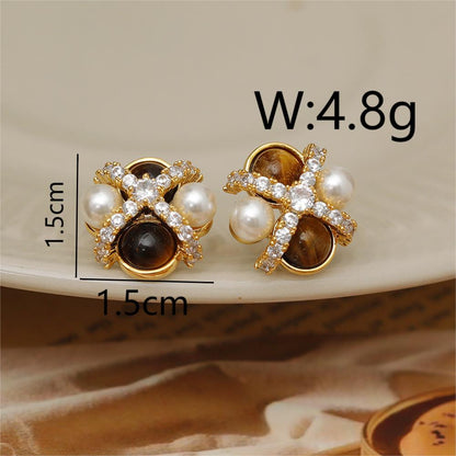 1 Pair Retro Round Enamel Inlay Copper Pearl Tiger Eye Zircon 18K Gold Plated Ear Studs