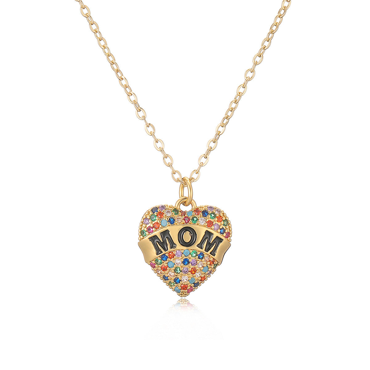 Copper 18K Gold Plated MAMA Letter Heart Shape Inlay Zircon Pendant Necklace