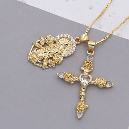 Copper 18K Gold Plated IG Style Shiny Cross Virgin Mary Rose Inlay Zircon Pendant Necklace