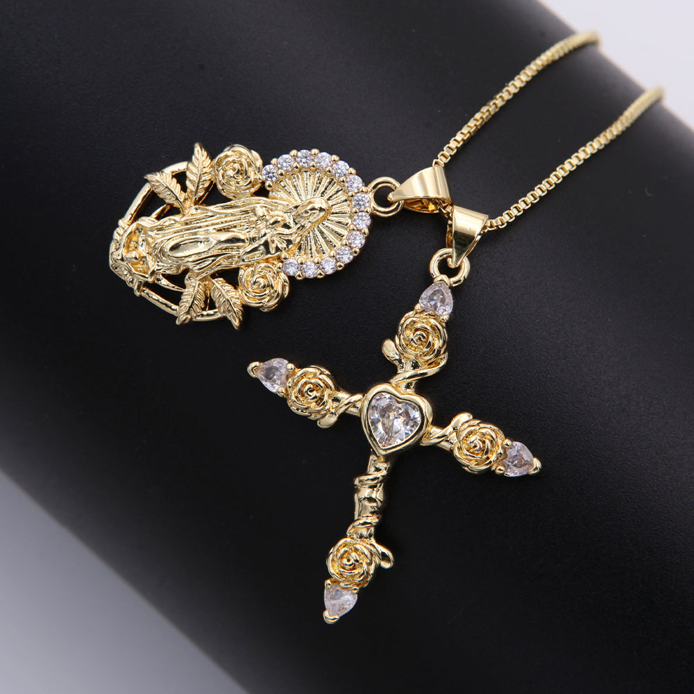 Copper 18K Gold Plated IG Style Shiny Cross Virgin Mary Rose Inlay Zircon Pendant Necklace