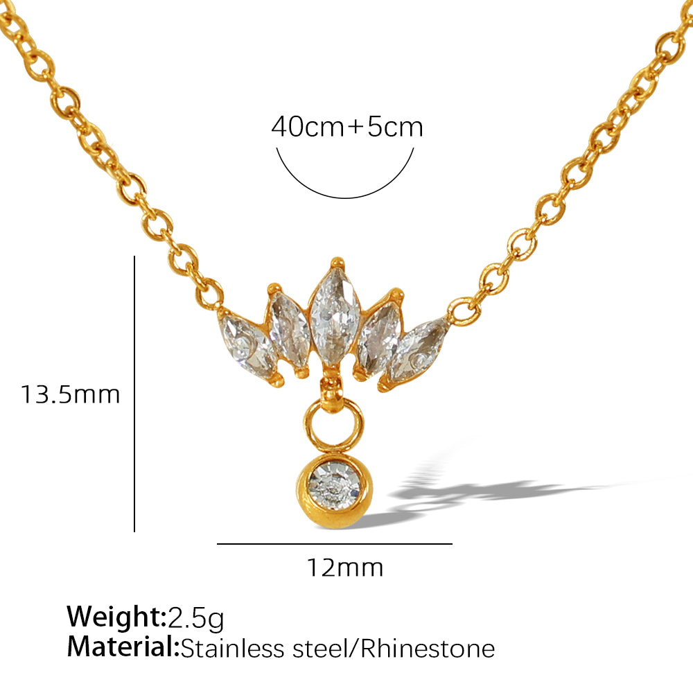 Titanium Steel 18K Gold Plated Elegant Shiny Crown Inlay Rhinestones Pendant Necklace