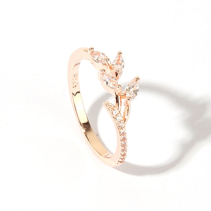 Wholesale Elegant Shiny Leaves Copper Transparent Inlay Rose Gold Plated Zircon Rings