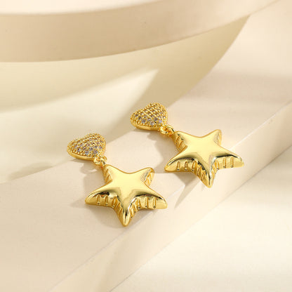 1 Pair Elegant Simple Style Star Heart Shape Copper Zircon 18K Gold Plated Drop Earrings