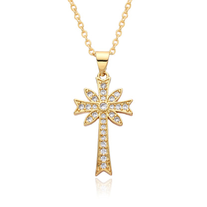 Copper Gold Plated Simple Style Shiny Cross Hollow Out Inlay Zircon Pendant Necklace