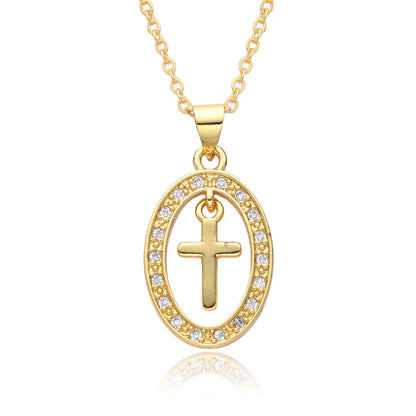 Copper Gold Plated Simple Style Shiny Cross Hollow Out Inlay Zircon Pendant Necklace