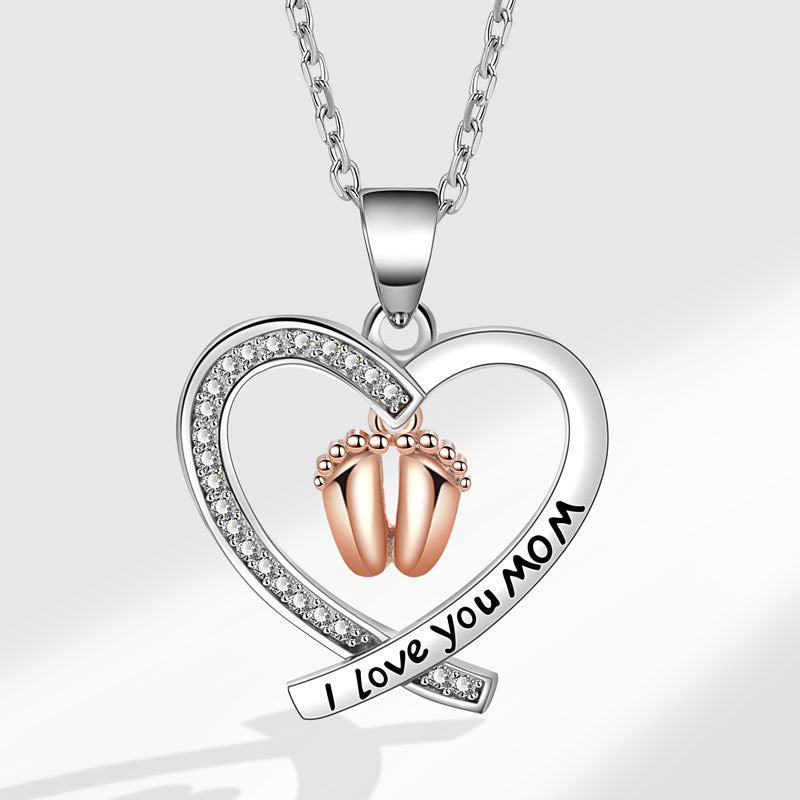 Copper MAMA Simple Style Letter Heart Shape Footprint Hollow Out Inlay Zircon Pendant Necklace