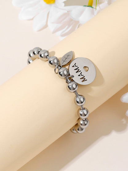 Stainless Steel Casual MAMA Simple Style Letter Leaves Beaded Carving Bracelets