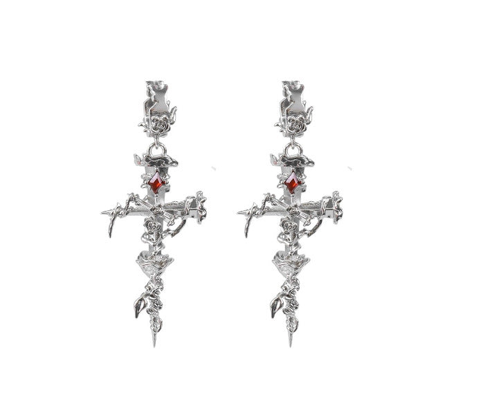 1 Pair Gothic Cross Rose Carving Sterling Silver Drop Earrings