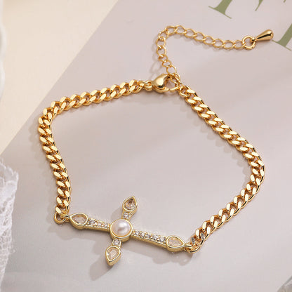 Copper 18K Gold Plated Retro Simple Style Commute Cross Inlay Pearl Zircon Bracelets