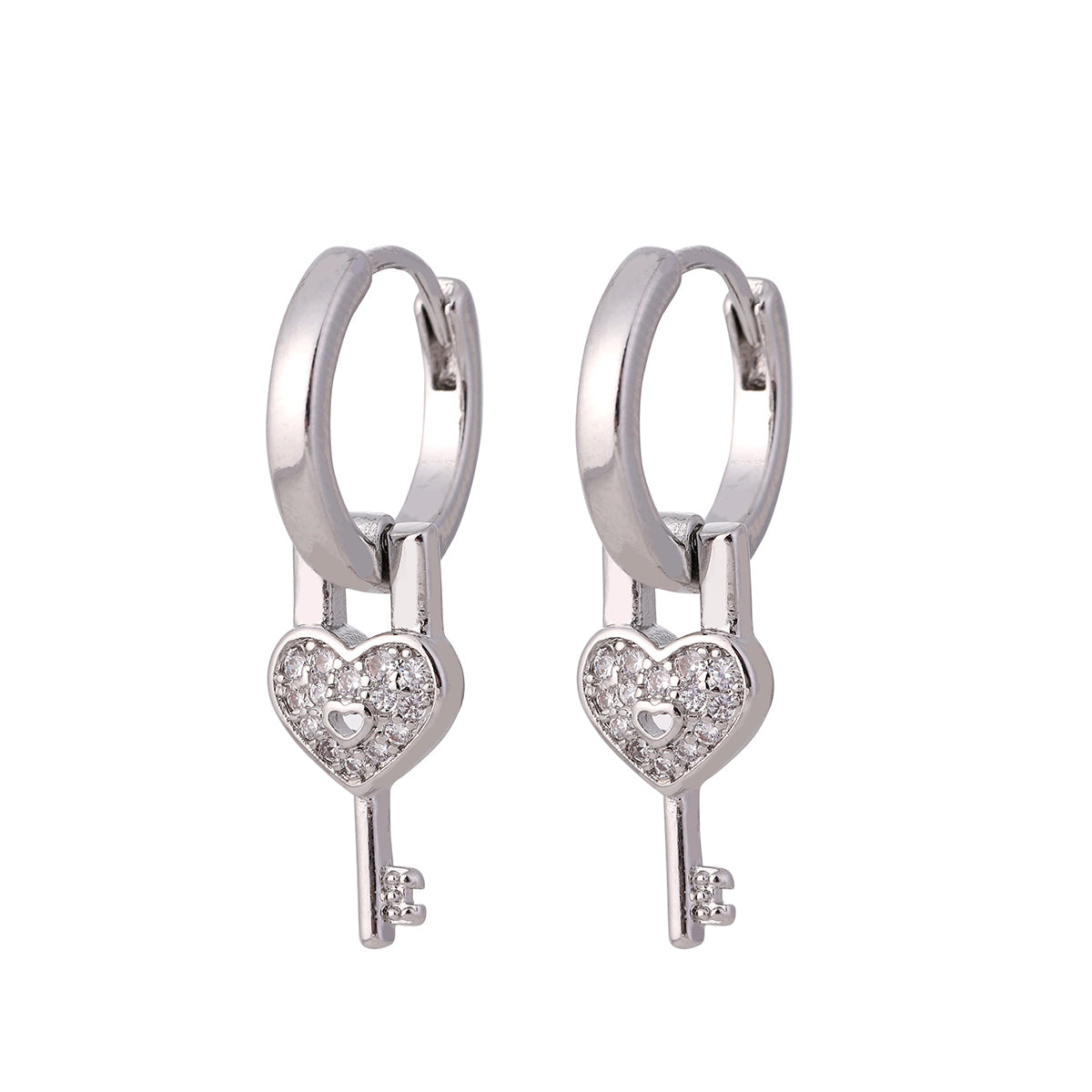 1 Pair Elegant Classical Solid Color Heart Shape Key Handmade Inlay Metal Copper Zircon White Gold Plated Drop Earrings