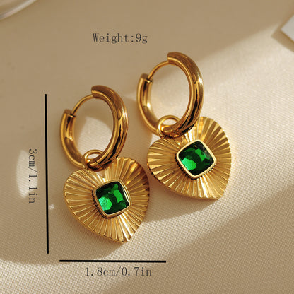 1 Pair IG Style Sector Heart Shape Inlay Stainless Steel Turquoise Rhinestones 18K Gold Plated Earrings