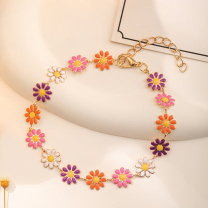 Copper 14K Gold Plated Cute Sweet Pastoral Flower Daisy Enamel Bracelets