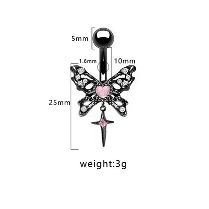 1 Piece Belly Rings Hip-Hop Exaggerated Rock Lips Butterfly Skull Stainless Steel Alloy Epoxy Hollow Out Inlay Rhinestones White Gold Plated