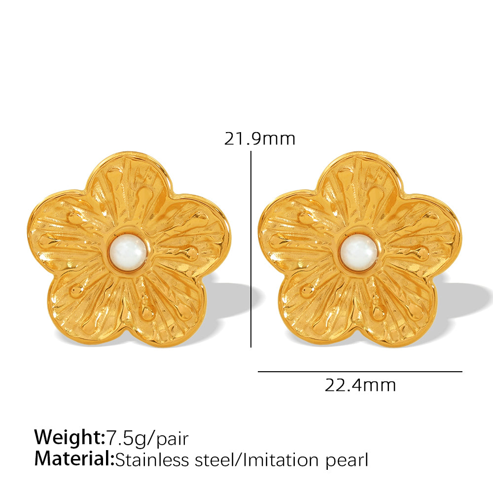 1 Pair Sweet Flower Inlay Titanium Steel Artificial Pearls 18K Gold Plated Ear Studs