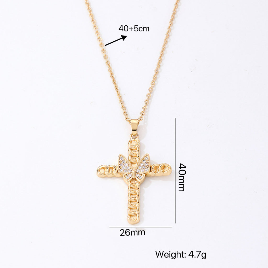 Casual Simple Style Cross Butterfly Stainless Steel Alloy Artificial Diamond Unisex Pendant Necklace