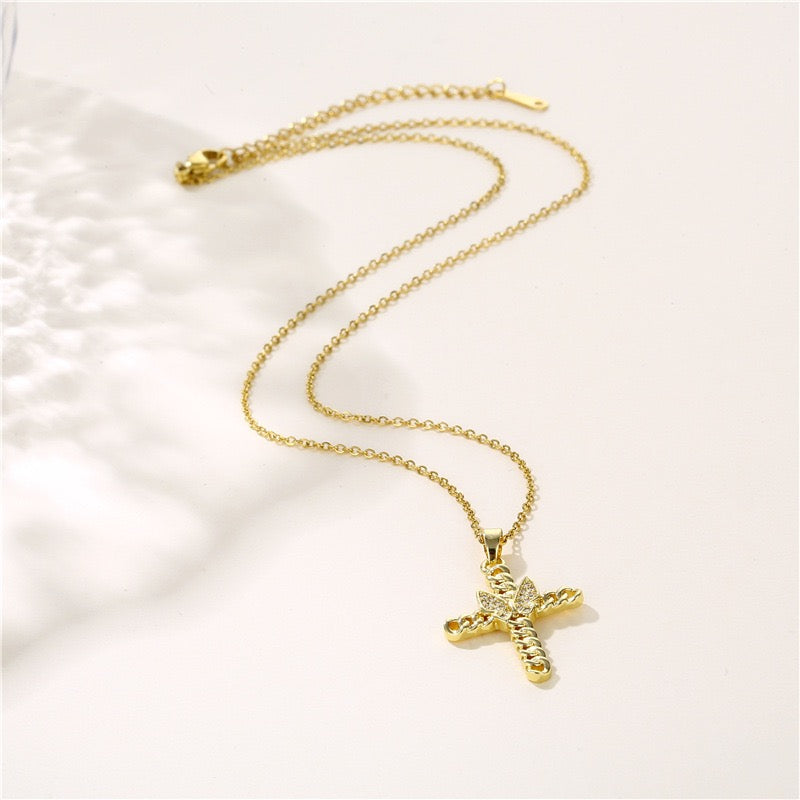 Casual Simple Style Cross Butterfly Stainless Steel Alloy Artificial Diamond Unisex Pendant Necklace