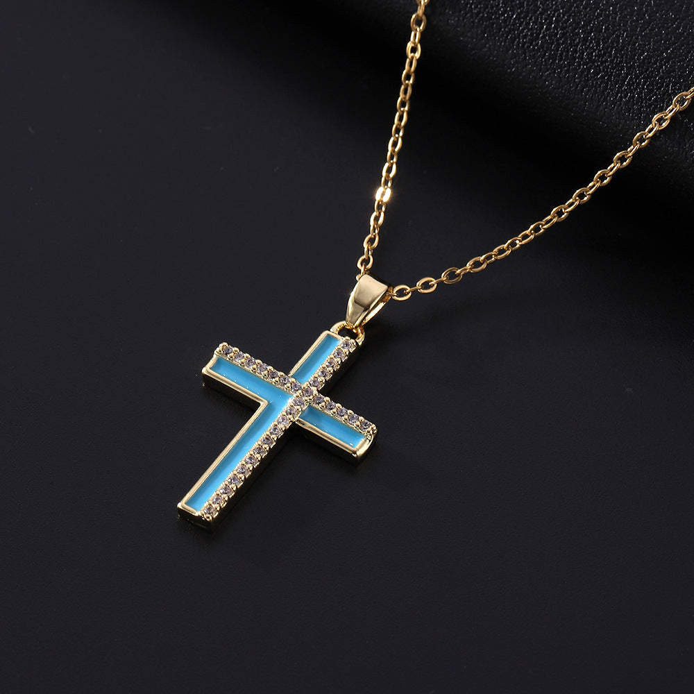 Stainless Steel Casual Hip-Hop Cross Polishing Epoxy Zircon Pendant Necklace