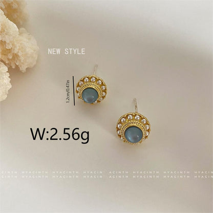 1 Pair Elegant Vintage Style Round Inlay Copper Artificial Gemstones Artificial Pearls 18K Gold Plated Ear Studs