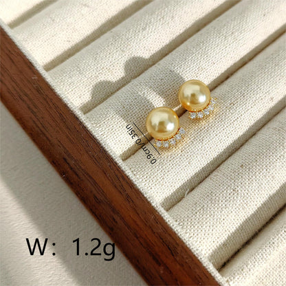 1 Pair Elegant Round Pearl Copper 18K Gold Plated Ear Studs