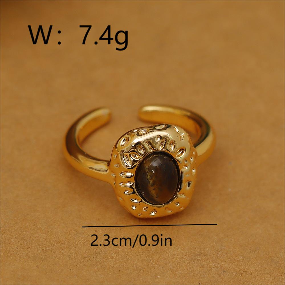 Wholesale IG Style Baroque Style Oval Copper Laser Inlay 18K Gold Plated Tiger Eye Open Rings