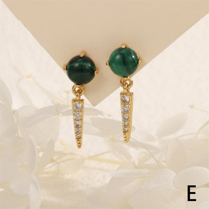 1 Pair IG Style Vintage Style Triangle Inlay Copper Malachite Agate Zircon 18K Gold Plated Drop Earrings