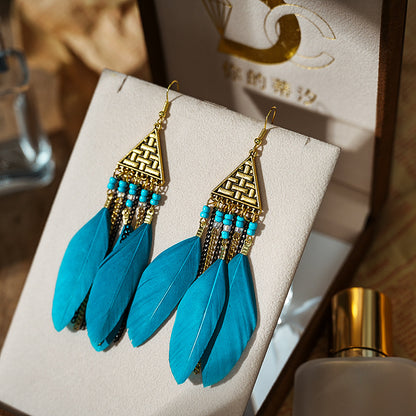 Triangle Multi-layer Chain Long Feather Retro Tassel Alloy Earrings