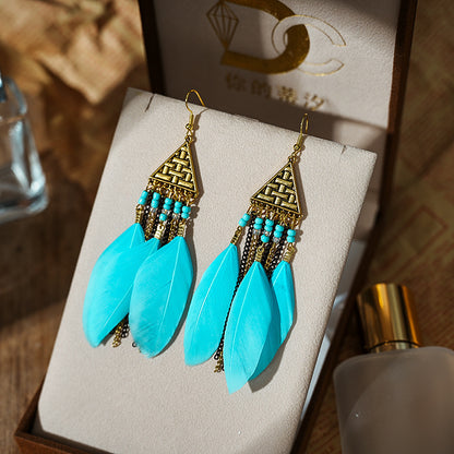 Triangle Multi-layer Chain Long Feather Retro Tassel Alloy Earrings