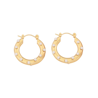 1 Pair IG Style Simple Style C Shape Solid Color Inlay Stainless Steel Artificial Pearls Zircon 18K Gold Plated Ear Studs