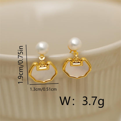 1 Pair Elegant Sweet Lock Inlay Copper Pearl Shell 18K Gold Plated Drop Earrings