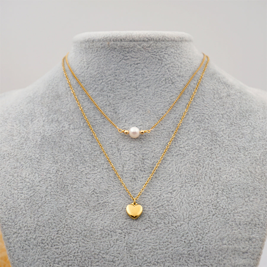 Titanium Steel Gold Plated Simple Style Heart Shape Inlay Artificial Pearls Double Layer Necklaces Sweater Chain