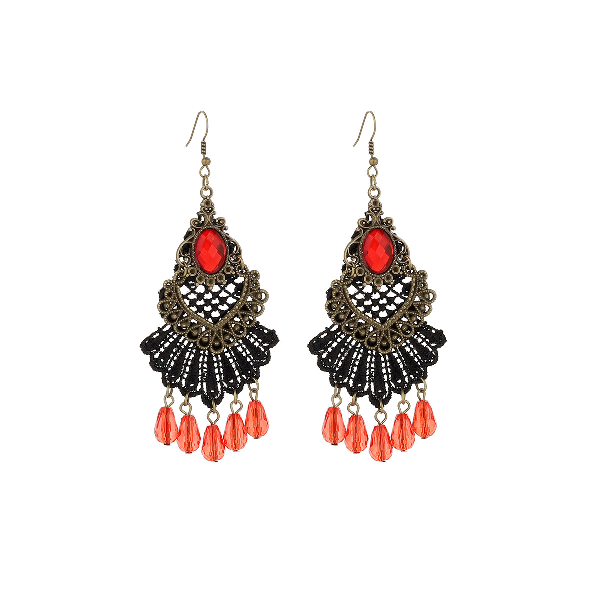 1 Pair IG Style Retro Geometric Tassel Hollow Out Inlay Alloy Lace Glass Drop Earrings