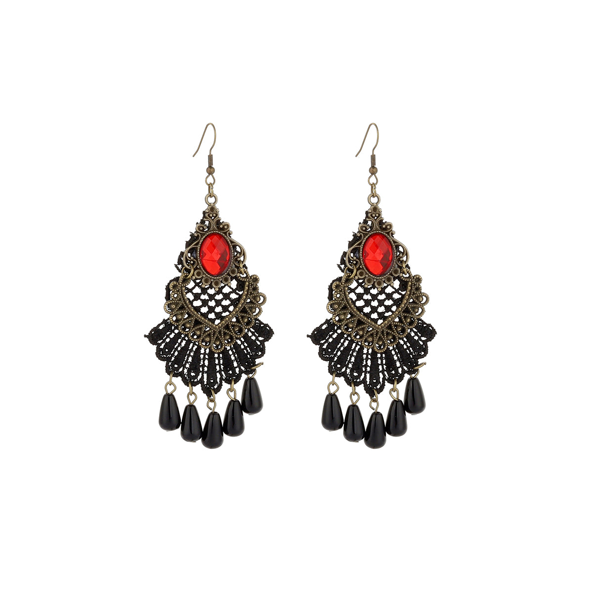 1 Pair IG Style Retro Geometric Tassel Hollow Out Inlay Alloy Lace Glass Drop Earrings