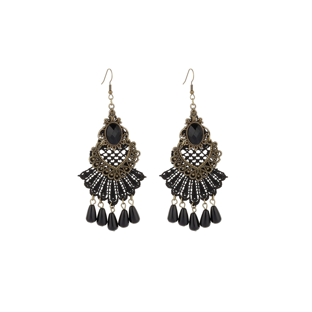 1 Pair IG Style Retro Geometric Tassel Hollow Out Inlay Alloy Lace Glass Drop Earrings