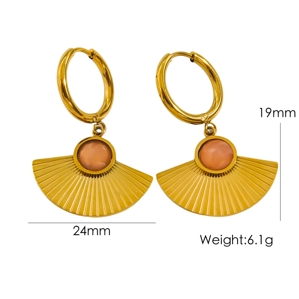 1 Pair Vintage Style Roman Style British Style Sector Inlay Stainless Steel Natural Stone 14K Gold Plated Drop Earrings