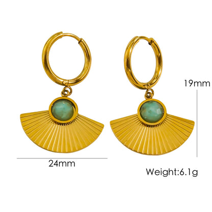 1 Pair Vintage Style Roman Style British Style Sector Inlay Stainless Steel Natural Stone 14K Gold Plated Drop Earrings