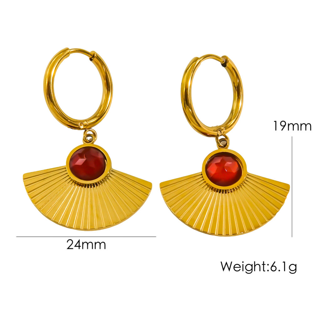 1 Pair Vintage Style Roman Style British Style Sector Inlay Stainless Steel Natural Stone 14K Gold Plated Drop Earrings