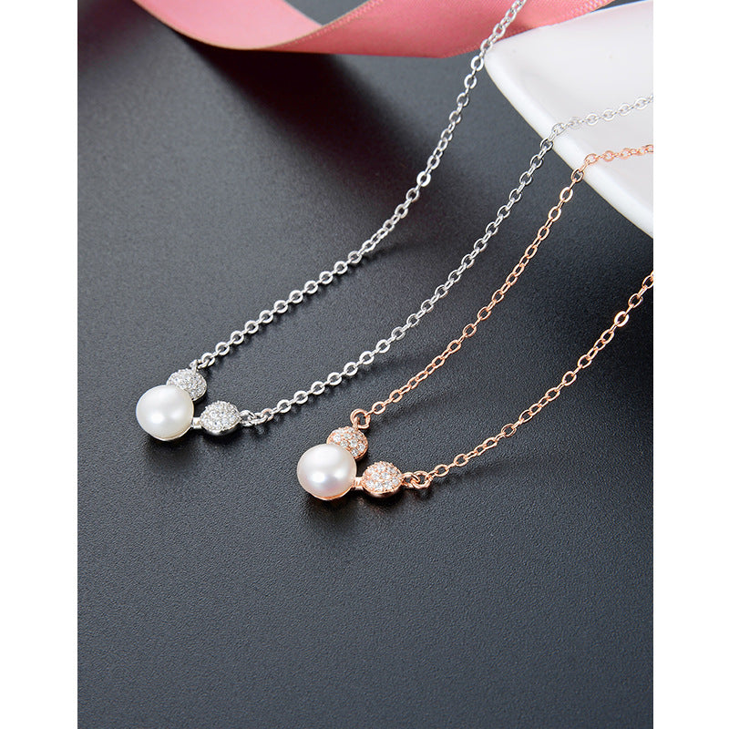 Rose Gold Mouse Pearl S925 Silver Necklace Korean Creative Inlaid Rhinestone Necklace Wholesale