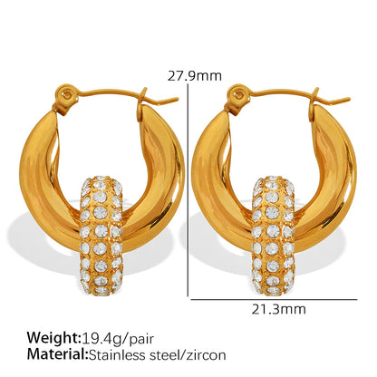 1 Pair Vintage Style C Shape Circle Inlay Titanium Steel Zircon 18K Gold Plated Earrings Ear Studs