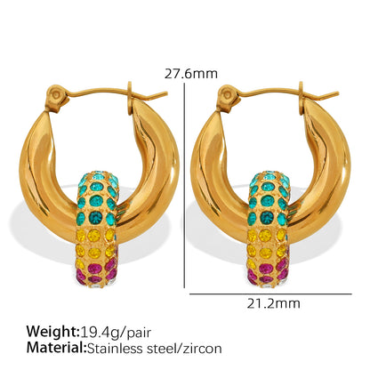 1 Pair Vintage Style C Shape Circle Inlay Titanium Steel Zircon 18K Gold Plated Earrings Ear Studs