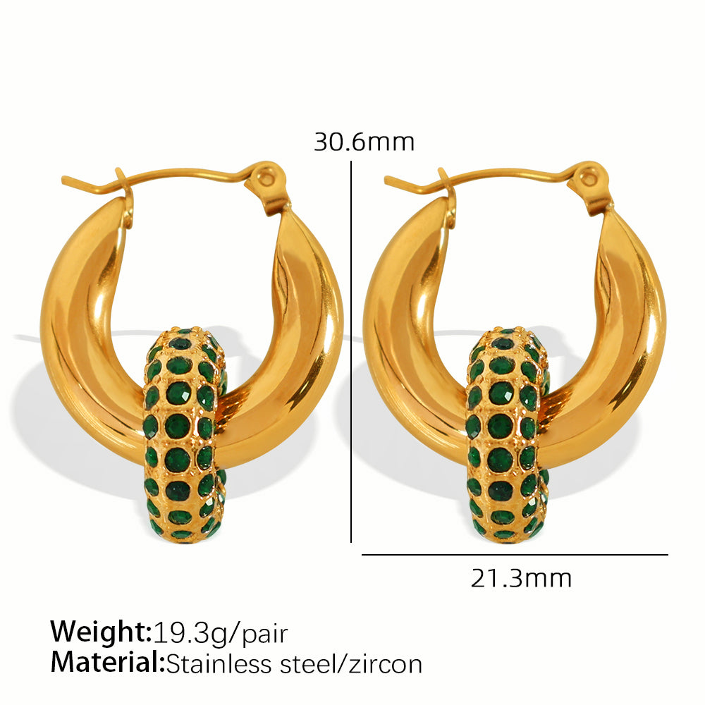 1 Pair Vintage Style C Shape Circle Inlay Titanium Steel Zircon 18K Gold Plated Earrings Ear Studs