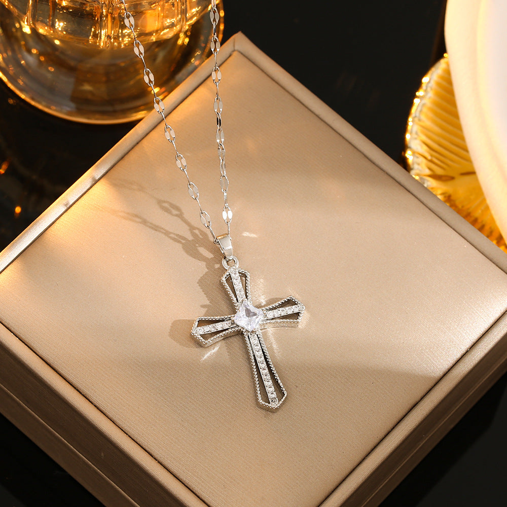 Stainless Steel Gold Plated Silver Plated Casual Commute Cross Inlay Zircon Pendant Necklace